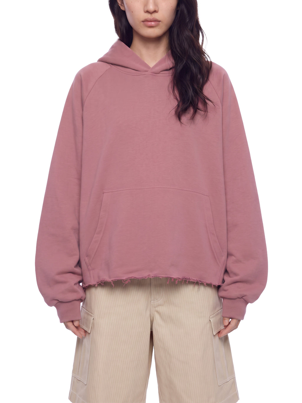 Unisex Vintage Wash Raw Edge Boxy Hoodie carmine model front view
