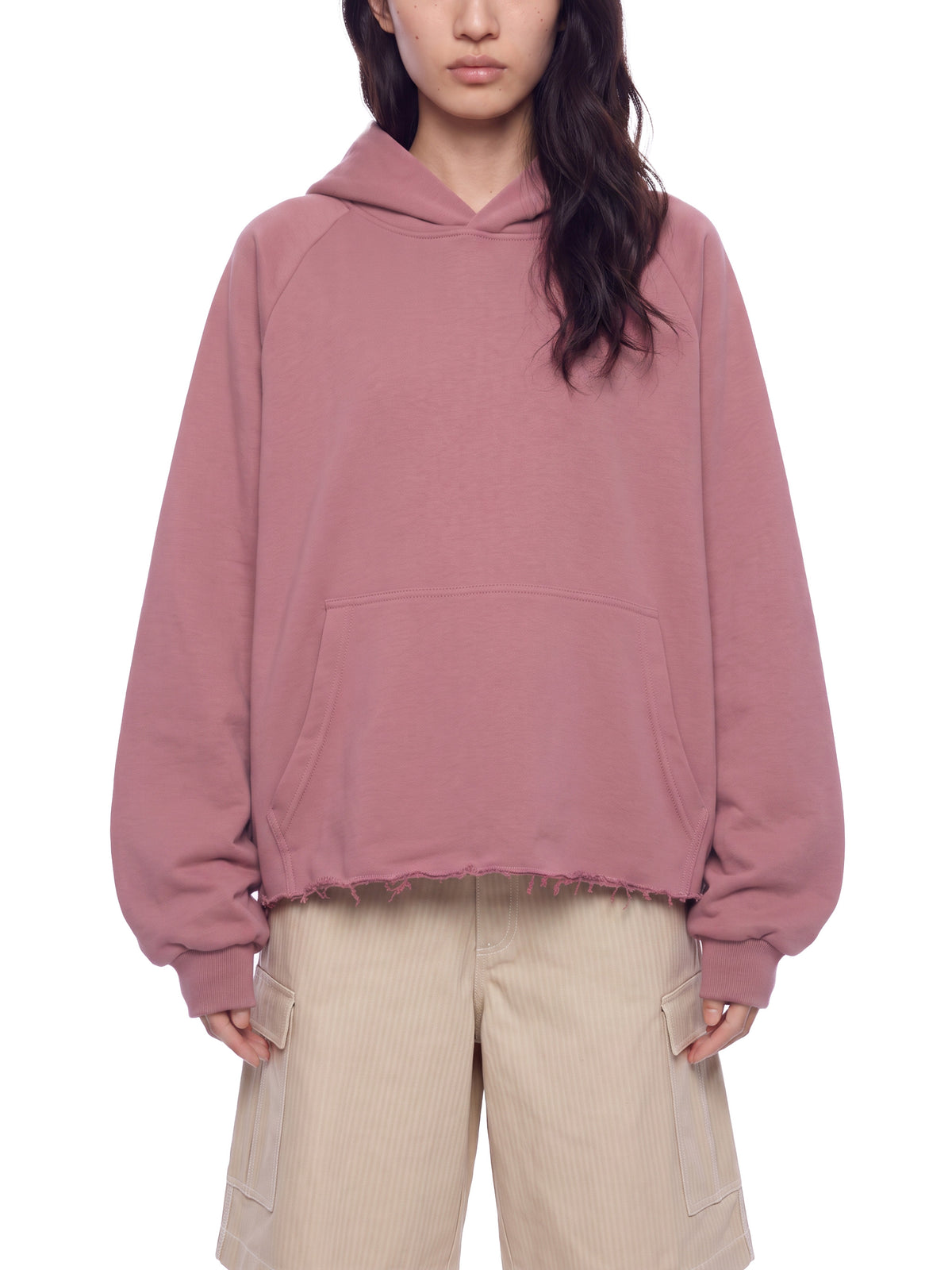 Unisex Vintage Wash Raw Edge Boxy Hoodie carmine model front view