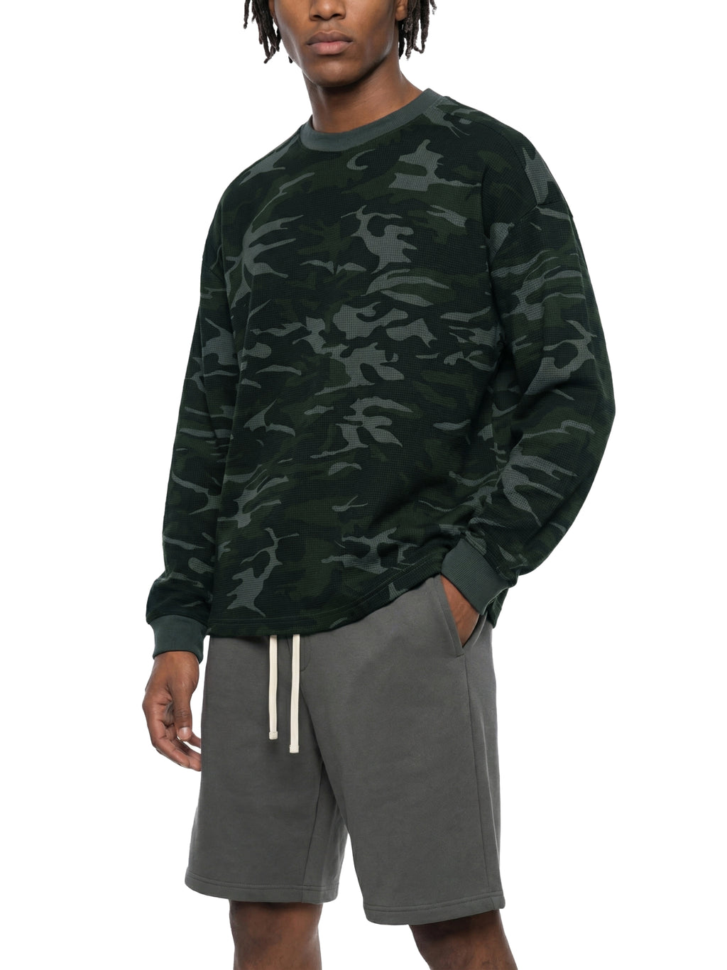 Off Script Waffle Boxy Long Sleeve T-Shirt - Gray Camo model relaxed view
