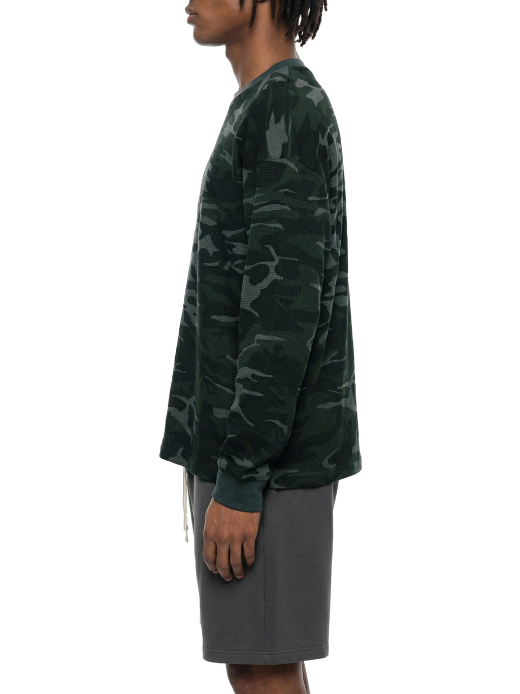 Off Script Waffle Boxy Long Sleeve T-Shirt - Gray Camo model side view