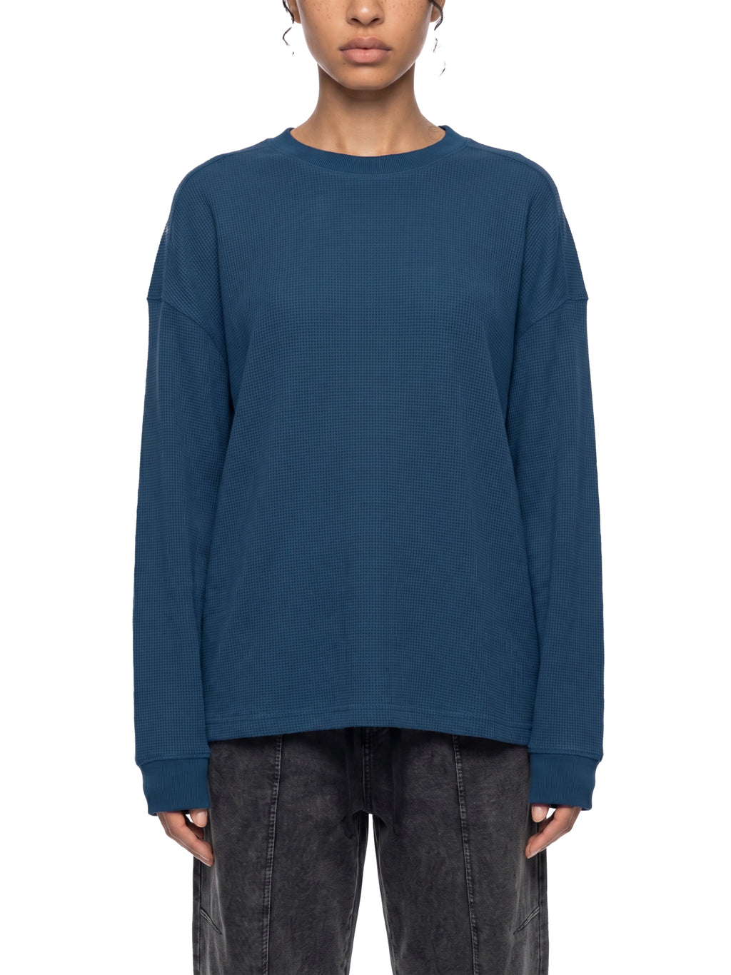 Off Script Waffle Boxy Long Sleeve T-Shirt - Haze Blue model front view