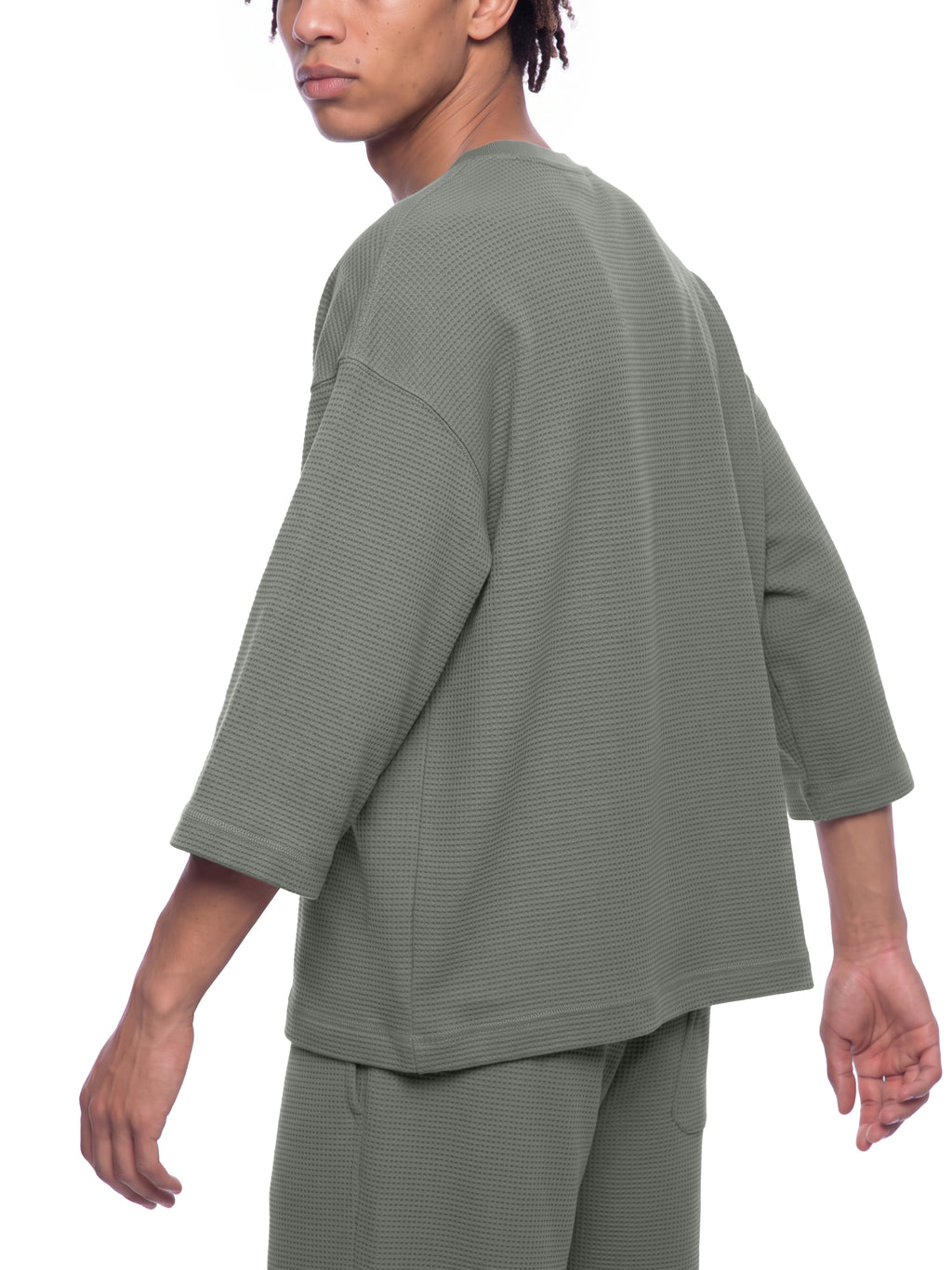 Off Script Waffle Boxy T-Shirt - Gray model walking view
