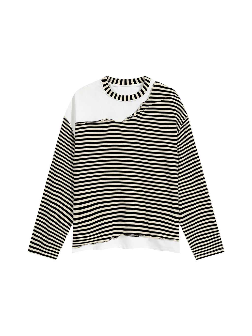 Unisex Striped Panel Boxy Long Sleeve T-Shirt – Apricot with Black front