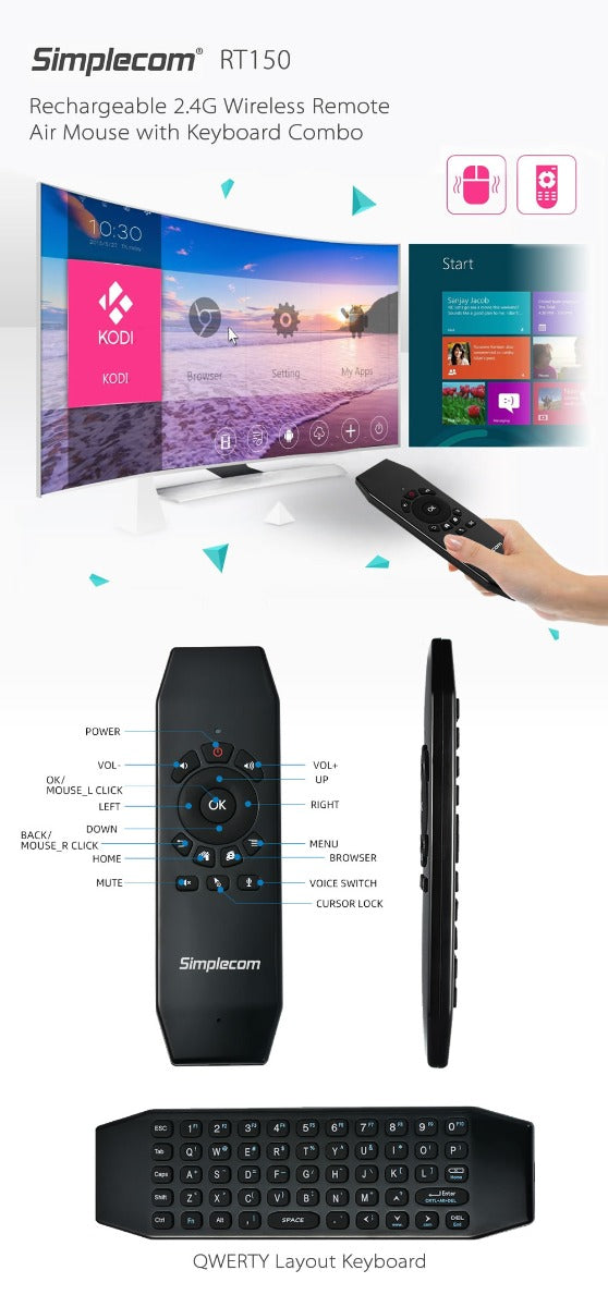 Simplecom RT150 2.4GHz Wireless Remote Air Mouse Keyboard with IR Learning — product image 4