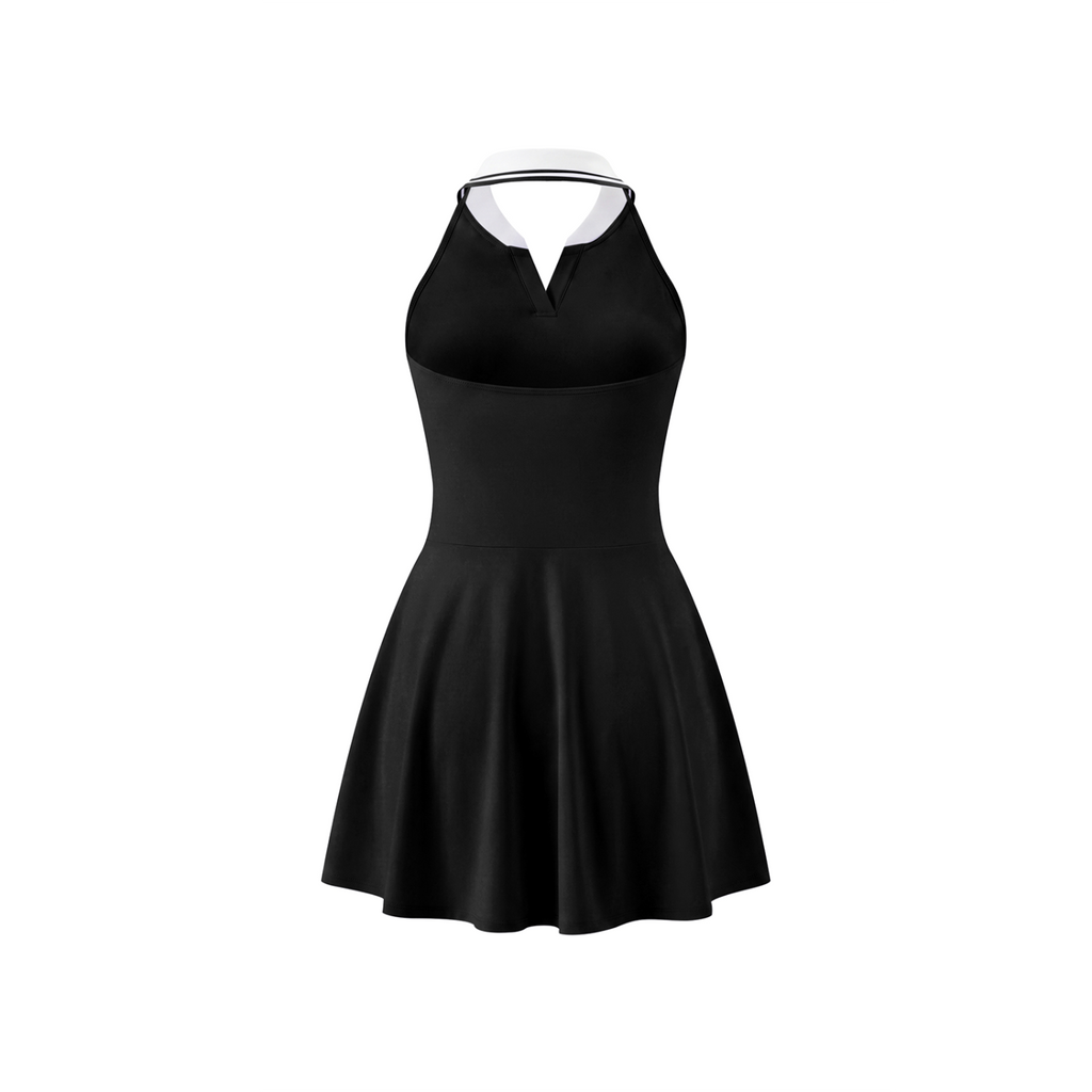 Off Script Women's Collared Halter A-Line Tennis Dress - Black back mockup