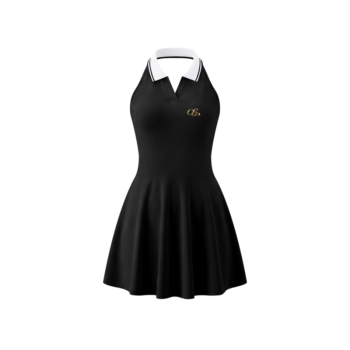 Off Script Women's Collared Halter A-Line Tennis Dress - Black front mockup