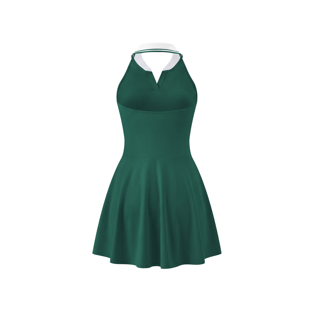 Off Script Women's Collared Halter A-Line Tennis Dress - Blackish Green back mockup