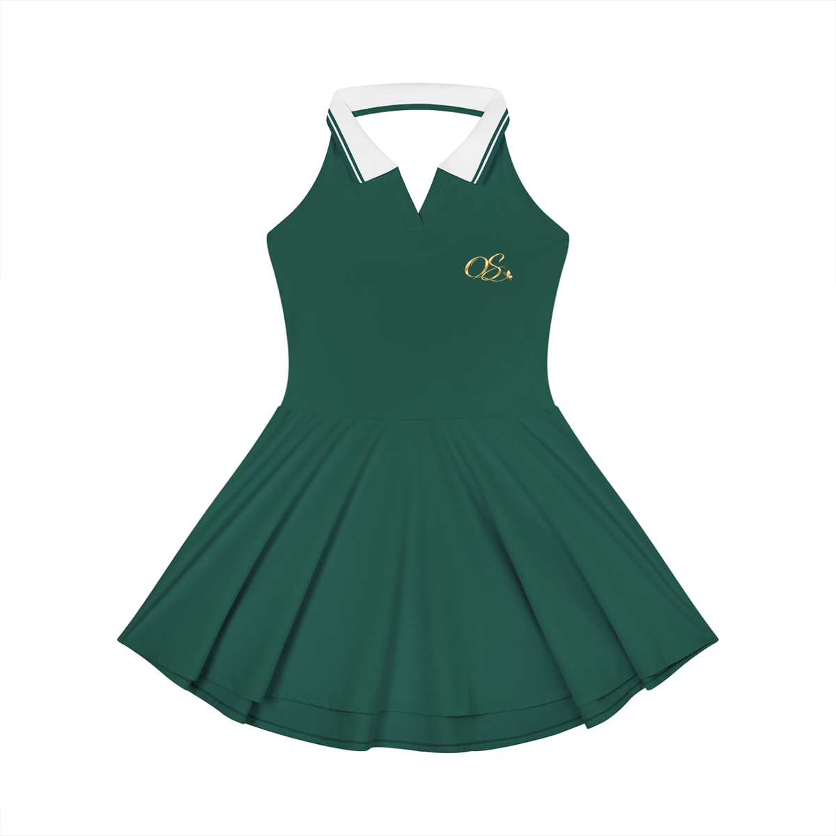 Off Script Women's Collared Halter A-Line Tennis Dress - Blackish Green front