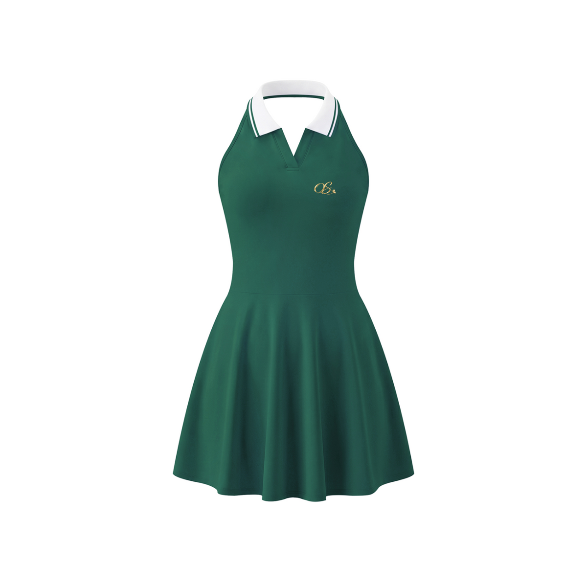 Off Script Women's Collared Halter A-Line Tennis Dress - Blackish Green front mockup