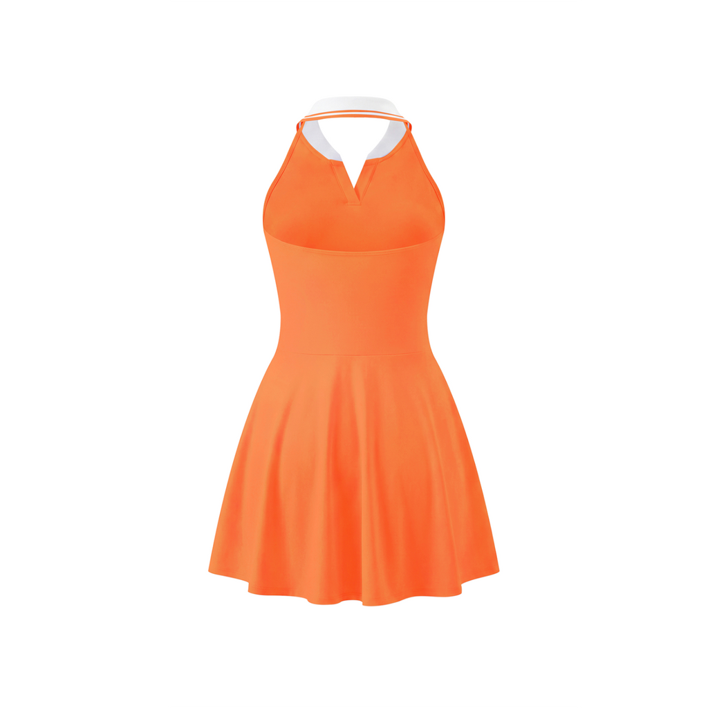 Off Script Women's Collared Halter A-Line Tennis Dress - Orange back mockup
