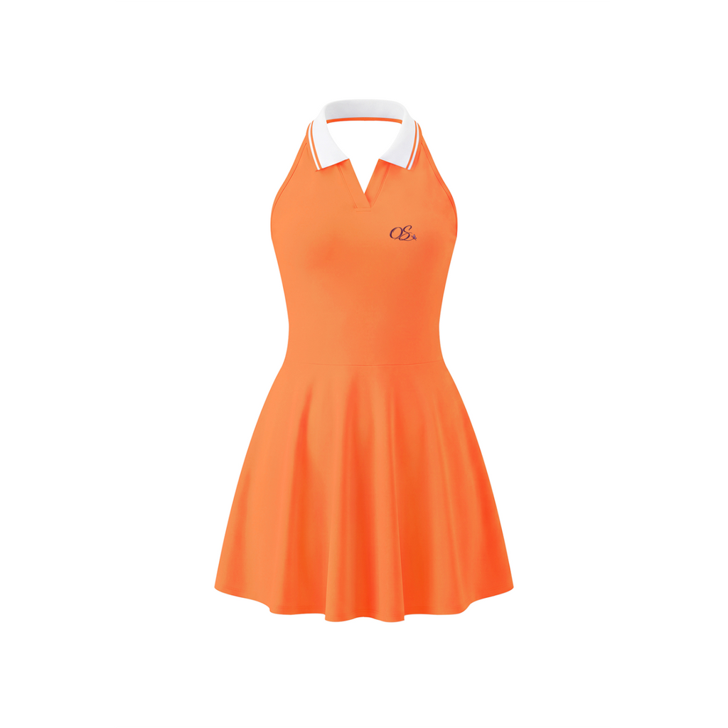 Off Script Women's Collared Halter A-Line Tennis Dress - Orange front mockup