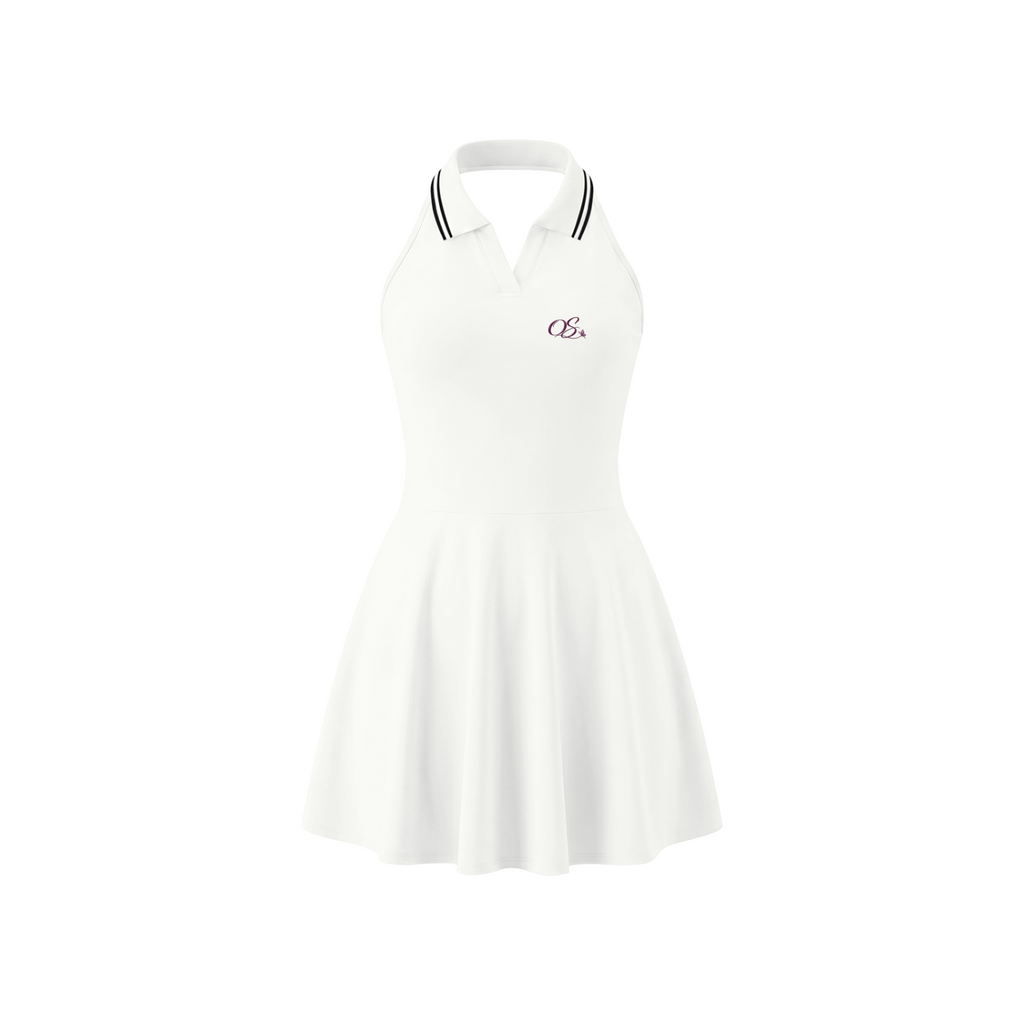 Off Script Women's Collared Halter A-Line Tennis Dress - White front mockup