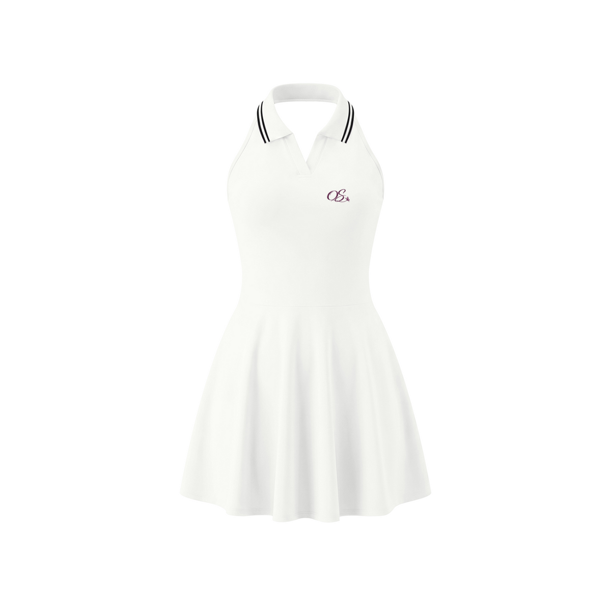 Off Script Women's Collared Halter A-Line Tennis Dress - White front mockup