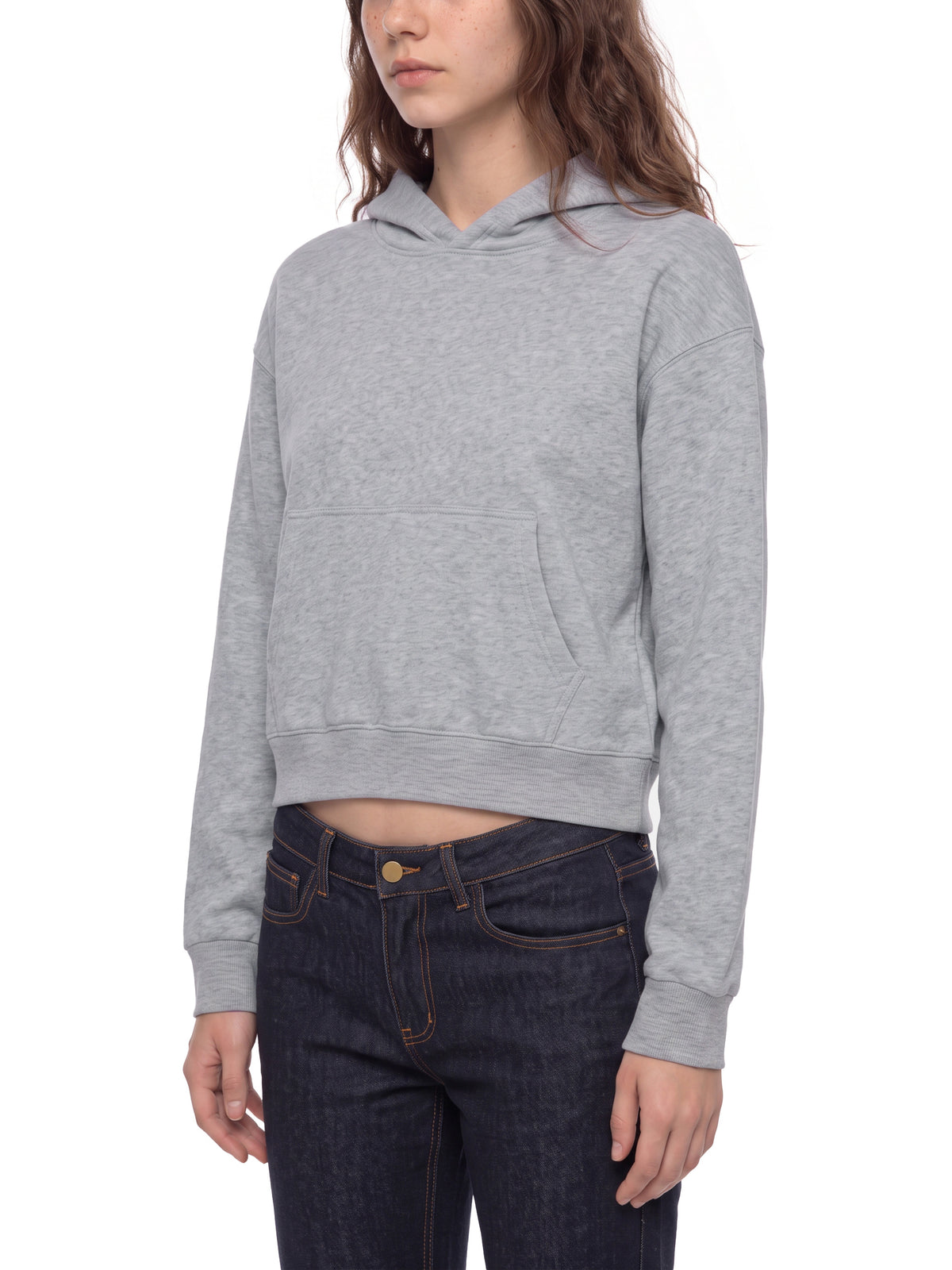 Women’s Crop Drop Shoulder Hoodie flower gray model three-quarter view
