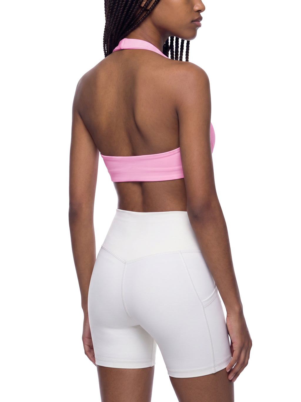 Women’s Halter Yoga Sports Bra pink model angled back view