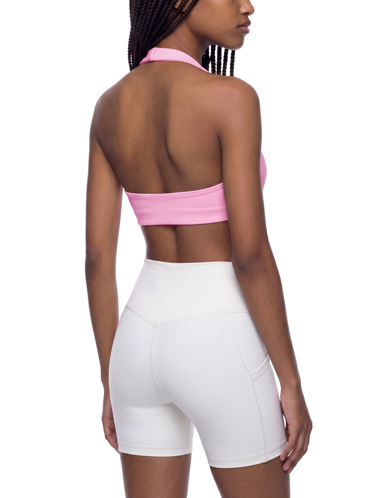 Women’s Halter Yoga Sports Bra pink model angled back view