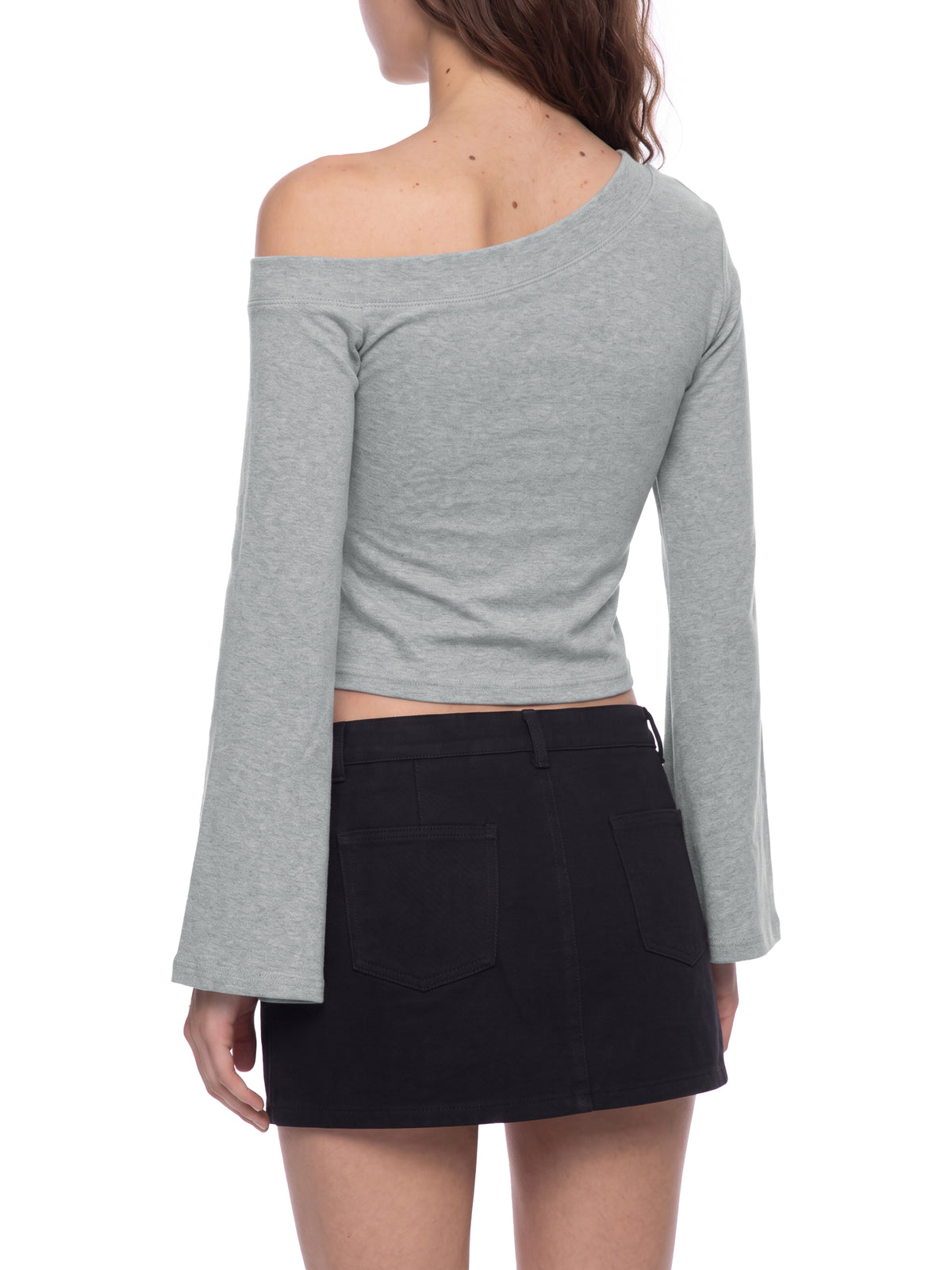 Women’s Off-Shoulder Bell Sleeve T-Shirt flower gray model angled back view