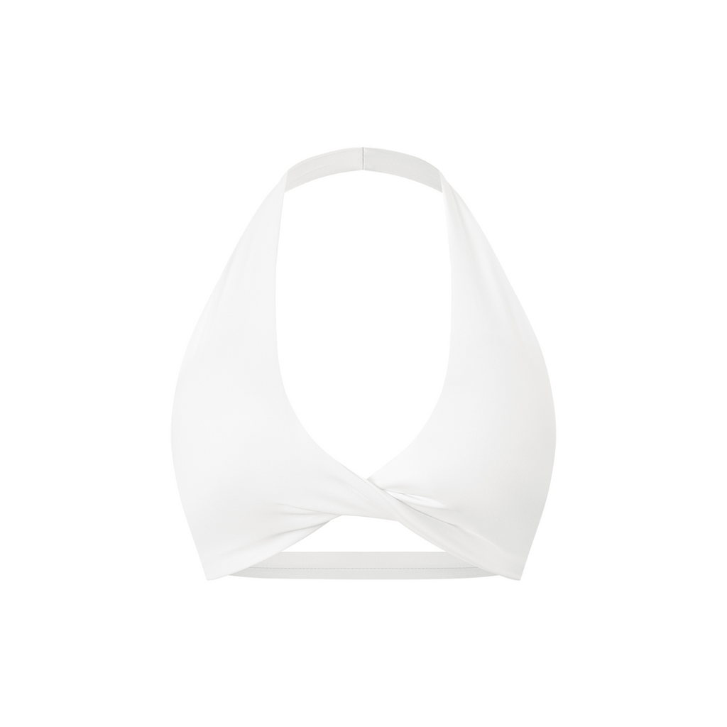 White Women’s Pleated Halter Sports Bra V2 – front mockup