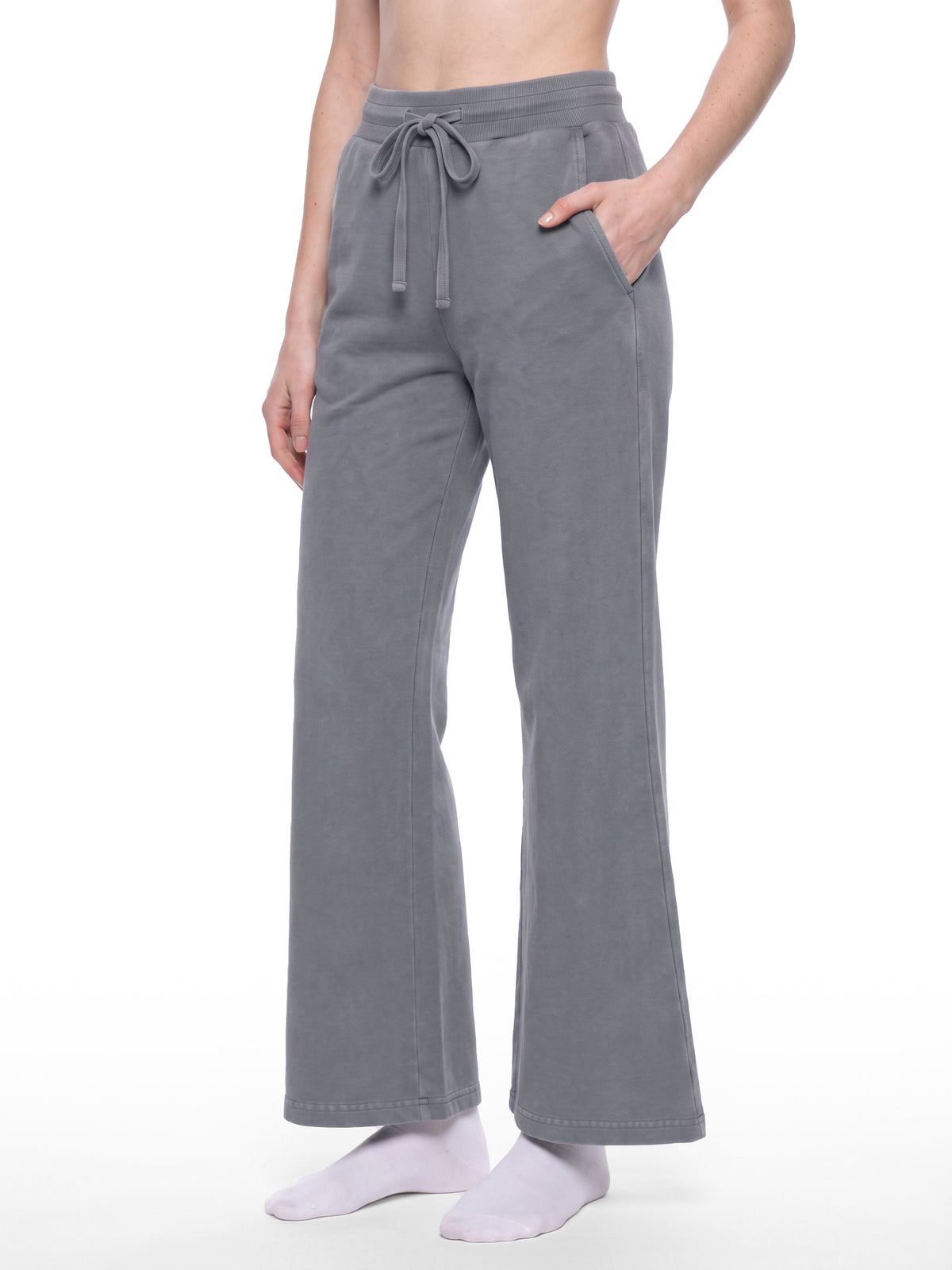 Women’s Vintage Wash Flared Sweatpants cement gray model three-quarter view