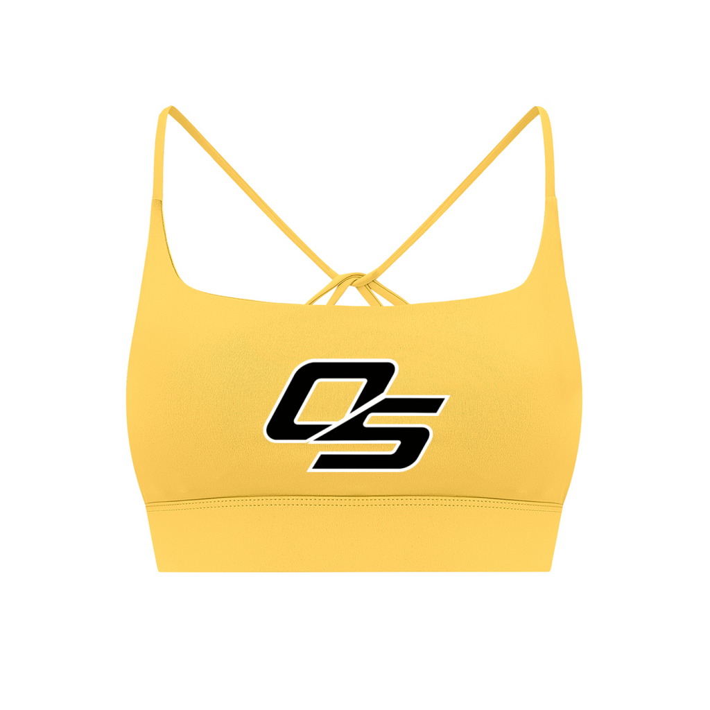 Yellow Off Script Women’s Strappy Criss-Cross Yoga Sports Bra V2 – front 3D mockup