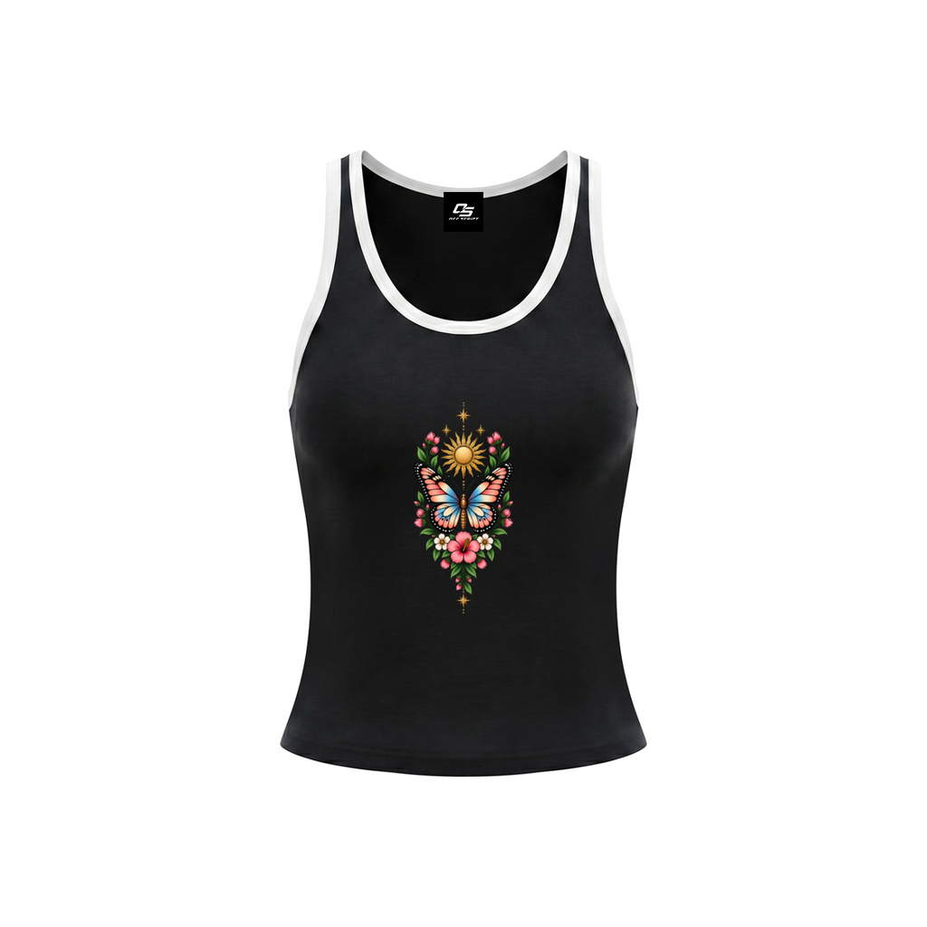 Celestial Butterfly Women’s Color Block Cropped Tank Top V6 - Black front mockup