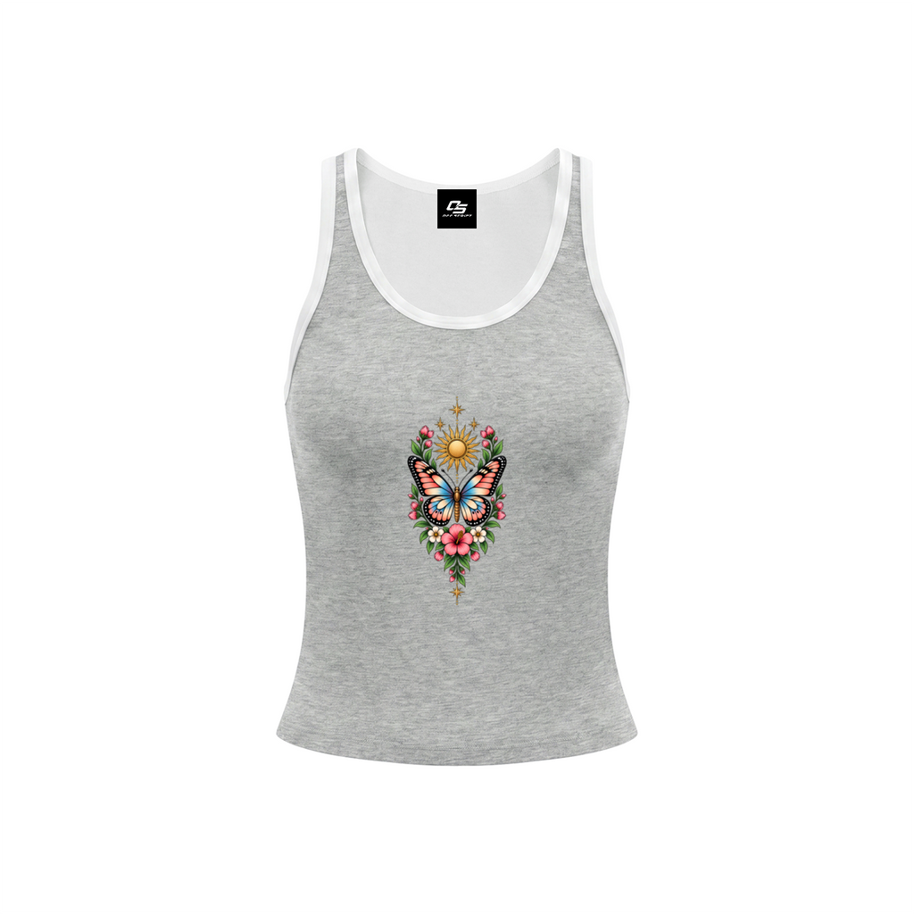 Celestial Butterfly Women’s Color Block Cropped Tank Top V6 - Flower Gray front mockup