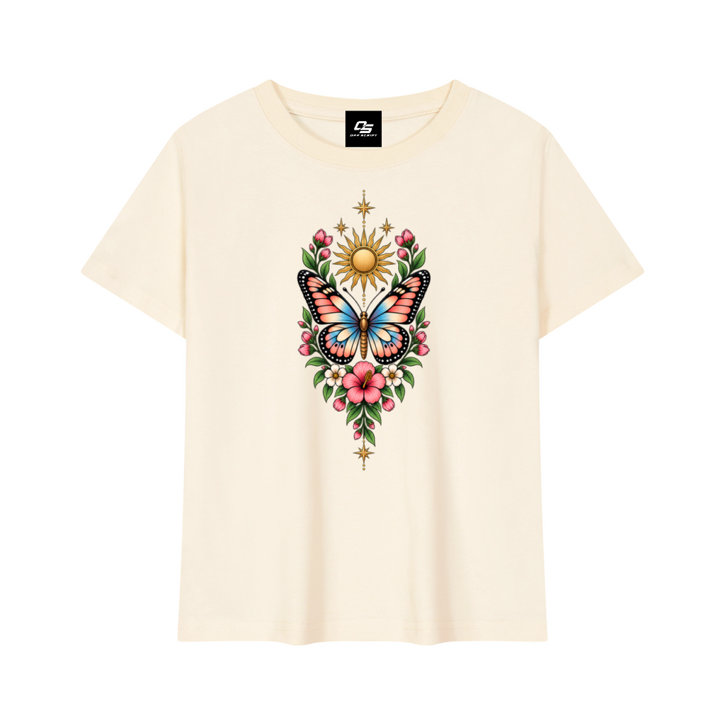 Women's Celestial Butterfly Quick-Dry Baby T-Shirt V2 in Light Apricot - front mockup